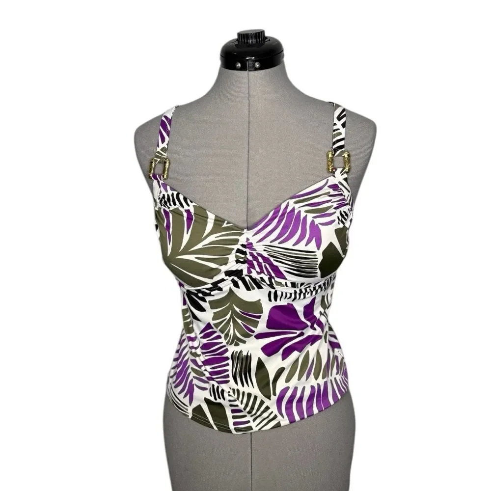Lands End Swimsuit Tankini Top Purple Green Palm Leaves size 6
